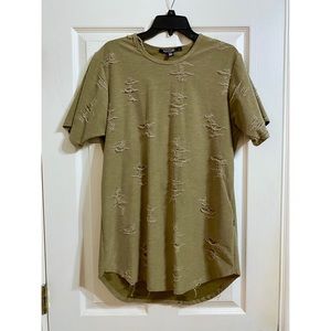 Distressed Olive Green Curved Hem Crewneck